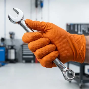 Pormenor da textura em relevo antiderrapante da luva de nitrilo laranja vivo Extreme GriP para oficinas.