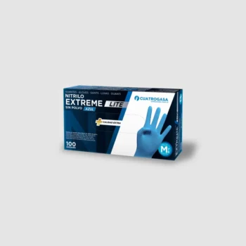 Dispensador de 100 luvas de nitrilo de exame sem pó Extreme Lite, marca Cuatrogasa cor azul hospitalar.