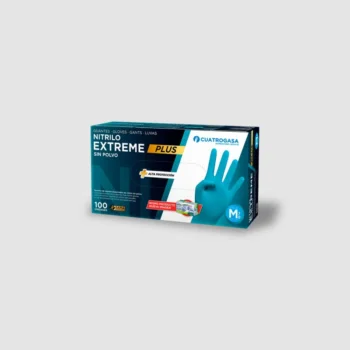 Dispensador de 100 luvas de nitrilo de exame sem pó Extreme Plus de alta resistência, marca Cuatrogasa cor azul.